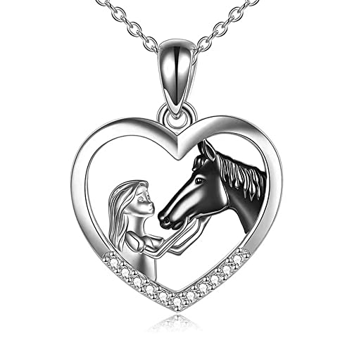 TOFBS Mädchen und Pferd Halskette Silber Herz Anhänger Halskette Geschenke für Mädchen Frauen Freundin Ehefrau Mutter Tochter Pferdeliebhaber (#1*Schwarz Pferd) von TOFBS