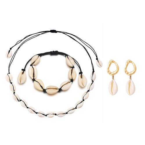 TOFBS Muschel Schmuck Halskette Armband Ohrring Set Einstellbare Natürliche Shell Choker Muschelkette Schmuckset Für Damen Mädchen Party Strand Geburtstag Tanzen Schwarz von TOFBS