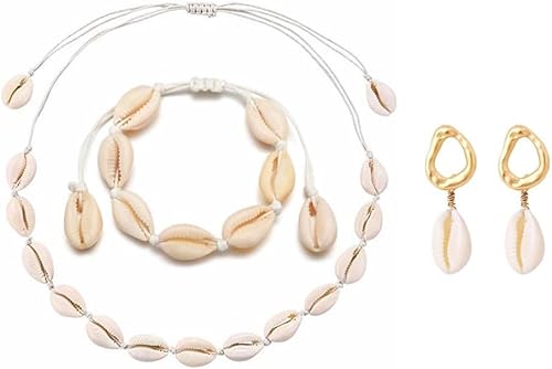 TOFBS 3 Stück Muschel Schmuckset Handgeknüpft Kauri Halskette Armband Ohrringe Boho Strand Schmuck Naturschmuck Damen Accessoires von TOFBS