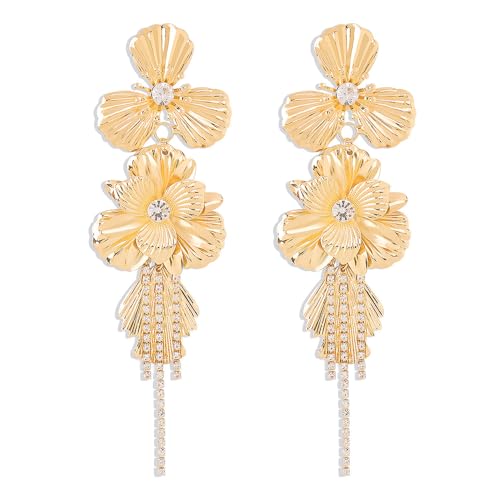 TOFBS Ohrring Damen Metall Blume Strass Quaste Ohrringe Modische und Trendige Schmuck Accessoires für Jeden Tag Party Dekoration Geschenk Erster Wahl(Gold) von TOFBS