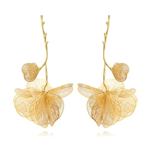 TOFBS Ohrringe Damen Hypoallergen Lange Ohrringe HäNgend Ginkgo Biloba Ohrringe Mit Quaste ModeschmuckstüCke Ohrringe Gold Creolen(Gold) von TOFBS