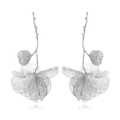 TOFBS Ohrringe Damen Hypoallergen Lange Ohrringe HäNgend Ginkgo Biloba Ohrringe Mit Quaste ModeschmuckstüCke Ohrringe Gold Creolen(Silber) von TOFBS
