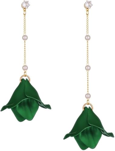 TOFBS Ohrringe Damen Rose Blumen Lange Perlen Quasten Kette Elegant Rosenblatt Acryl Blütenblatt Statement Silber 925 für Hochzeit Frauen Mädchen Grün von TOFBS