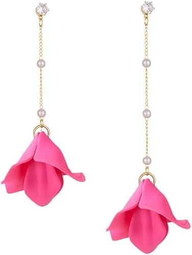 TOFBS Ohrringe Damen Rose Blumen Lange Perlen Quasten Kette Ohrringe Elegant Rosenblatt Acryl Blütenblatt Statement Silber 925 Ohrringe fur Hochzeit Frauen Mädchen Rosa von TOFBS