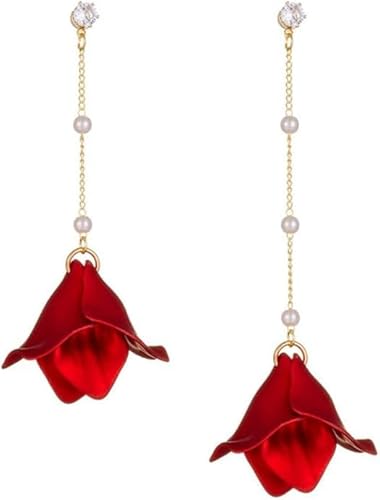 TOFBS Damen Rose Blumen Lange Perlen Quasten Kette Ohrringe - Elegant Rosenblatt Acryl Blütenblatt Statement Silber 925 für Hochzeit Frauen Mädchen Rot von TOFBS