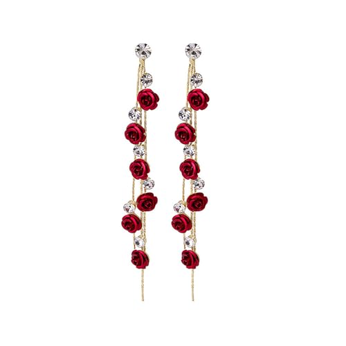 TOFBS Ohrringe Damen Rose Lang Hängend Ohrringe mit Zirkon Quasten Elegant Blume Statement Tropfen Ohrstecker Ohrringe Hochzeit Schmuck Für Frauen Mädchen rot von TOFBS