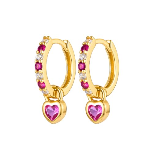 TOFBS Ohrringe Gold Cubic Zirkonia Hängend Ohrringe mit Kette Gold Vergoldet Ohrringe Heart Dangle Creolen Ohrhänger Minimalistische 925 Sterling Silber Earrings für Damen Rot von TOFBS