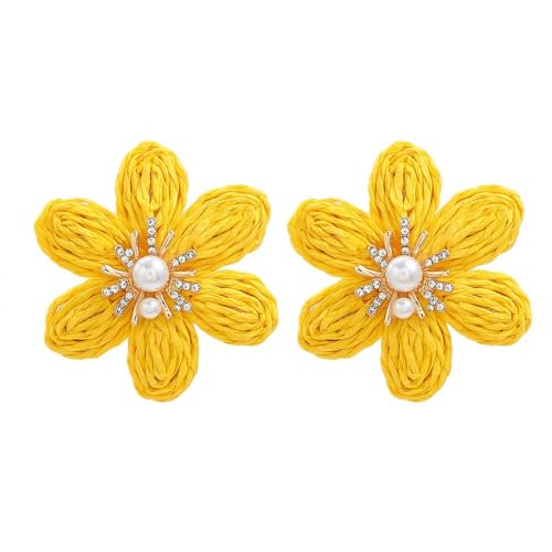 TOFBS Ohrringe für Damen: Boho Bast Blumen mit Perle, Retro Design, Sommerlicher Strand Look, Geschenk für Damen und Mädchen von TOFBS
