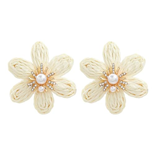 TOFBS Blumenförmige Raffia Ohrringe Stroh Perlen Kristall Schmuck Handgefertigt Damen Ohrschmuck Sommer Accessoires von TOFBS