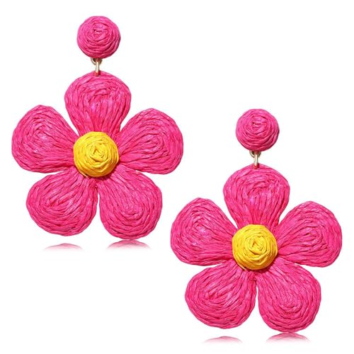 TOFBS Ohrringe für Damen Boho Persönlichkeit Statement Baumeln Ohrringe Rattan Blume Ohrringe Groß Hypoallergene Hawaiian Holiday Style Modeschmuck(Rosa) von TOFBS