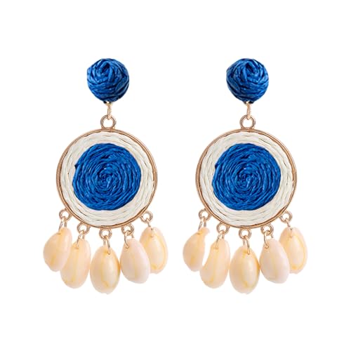 TOFBS Ohrringe für Damen Boho Retro Rattan Earrings Geometrische Große Ohrringe mit Baumeln Quaste Muschel Anhänger Hypoallergene Modeschmuck(Blau) von TOFBS