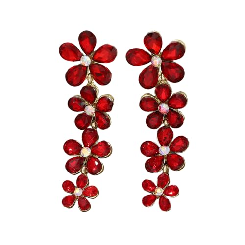 TOFBS Ohrringe für Damen Elegante Bohemian Baumelnde Blumenohrringe Zierliche Vergoldet Blumenperlen Kristall Tropfenohrringe Braut Hochzeit Party Mädchen Geschenke（Rot） von TOFBS