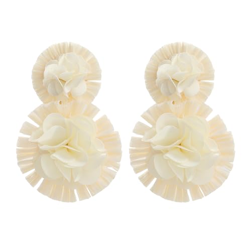 TOFBS Ohrringe für Damen Mode Übertrieben Raffia Ohrringe Groß Doppelschichtige Blume Baumeln Ohrringe Hypoallergene Schmuckgeschenk(Weiß) von TOFBS