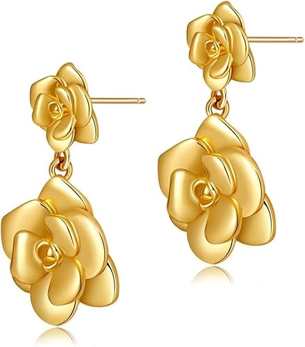 TOFBS Orecchini per Donne 925 Argento Pin 18K Orecchini a Lobo con Petali Floreali a Doppio Fiore Orecchini in Metallo Pendenti Floreali a Fiore d'Oro Ipoallergenici (SET A) von TOFBS