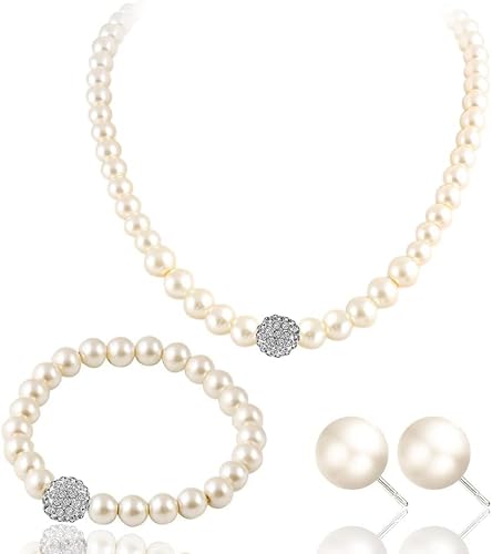 TOFBS Elegante Perlen Schmuckset Halskette Armband Ohrringe Kristall Strass Damen Brautschmuck Hochwertige Perlenkette Klassische Schmuckkombination von TOFBS