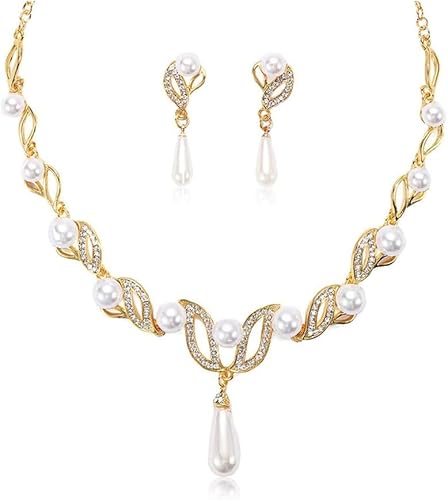 TOFBS Perlenhalskette Schmuckset Tropfenanhänger Kristall Blumen Verzierung Mehrreihig Brautschmuck Elegante Ohrringe Damen Accessoires von TOFBS