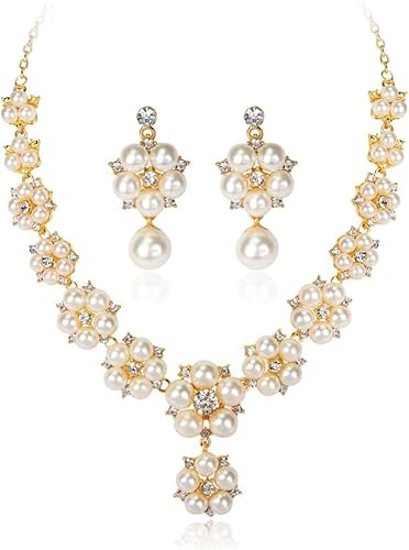TOFBS Perlenhalskette Schmuckset Tropfenanhänger Kristall Blumen Verzierung Mehrreihig Brautschmuck Elegante Ohrringe Damen Accessoires von TOFBS
