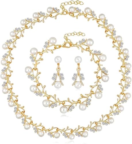 TOFBS Blätter Schmuckset Perlen Halskette Armband Ohrringe Kristall Brautschmuck Damen Hochzeit Schmuck Elegant Festlich von TOFBS