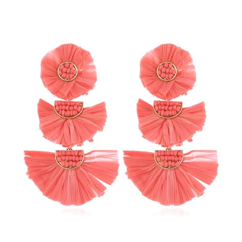 TOFBS Rattan Perlen Ohrringe für Damen - Modische Retro Strohohrringe Mit Fransen Tropfen - Handgemachte Böhmische Schmuck (Rosa) von TOFBS