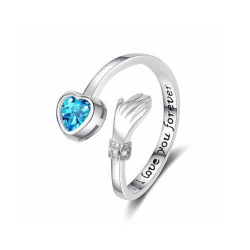 TOFBS Ringe Damen I Love You Forever Umarmungsringe 925 Sterling Silber Vergoldet Verstellbar Gravierte Worte Zirkonia Ring Freundschaftsringe Geschenk Frauen Mädchen Blau von TOFBS