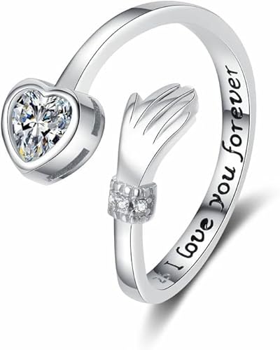 TOFBS Herzförmiger Kristall Umarmungsring Offener Verstellbarer Damenring Handform Symbolischer Schmuck Eleganter Silberton von TOFBS