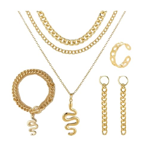 TOFBS Schlange Schmuck Set Gold Halskette Armband Ohrring Set Schlangenkette Punk Mehrschichtige Anhänger Choker Schmuckgeschenk für Damen Frauen Mädchen Gold von TOFBS