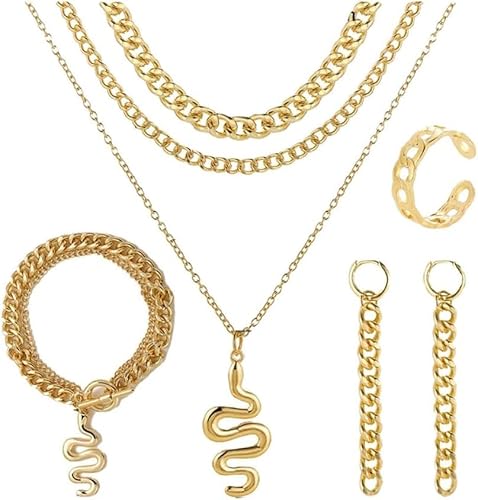 TOFBS Schlangen Anhänger Panzerkette Schmuckset Mehrschichtige Halskette Armband Ohrringe Ring Gliederkette Damen Accessoires von TOFBS