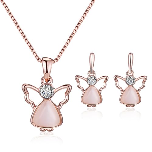 TOFBS Schmuck Damen Rosegold Schutzengel Anhänger Kette Ohrringe Set Engel Schmuckset Silber Halskette Schmuck Geschenke Für Frauen Mädchen A von TOFBS