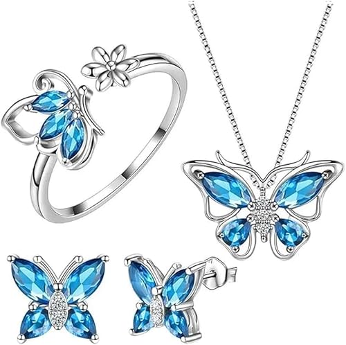 TOFBS Schmuck Set Damen Schmetterling Legierung Schmuckset Vierteiliges Ring Ohrringe Halskette Hypoallergene Modeschmuck Geschenke für Frauen Mädchen(Blau) von TOFBS
