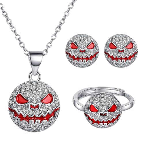 TOFBS Schmuckset Damen Halloween Gothic Dämon Schmuck Anhänger Halskette Ohrstecker Einstellbar Ringe Set Persönlichkeit Ghost Schmuck Geschenke(Rot) von TOFBS