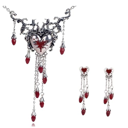 TOFBS Schmuckset Damen Halloween Gothic Schmuck Set mit Strass Persönlichkeit Herz Anhänger Halskette Ohrringe Set Schmuck Geschenke von TOFBS