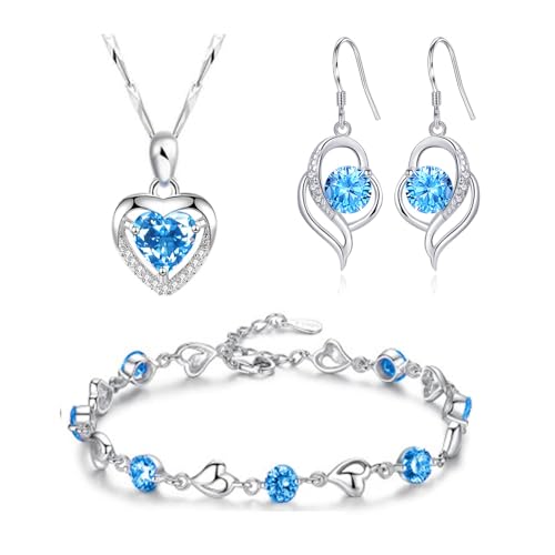 TOFBS Schmuckset Damen Herz Kristall Anhänger Silber Halskette und Ohrringe Set Armkette mit Cubic Zirkonia Brautschmuck Set für Damen Mädchen Hochzeiten Geburtstag Blau von TOFBS