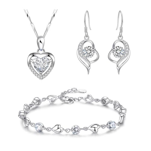 TOFBS Schmuckset Damen Herz Kristall Anhänger Silber Halskette und Ohrringe Set Armkette mit Cubic Zirkonia Brautschmuck Set für Damen Mädchen Hochzeiten Geburtstag Weiß von TOFBS