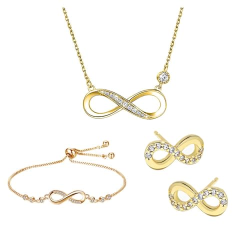 TOFBSInfinity Schmuckset Damen Unendlichkeit Symbol Kristall Halskette Armband Ohrstecker Ewigkeit Schmuck Silber Glänzend Elegant von TOFBS