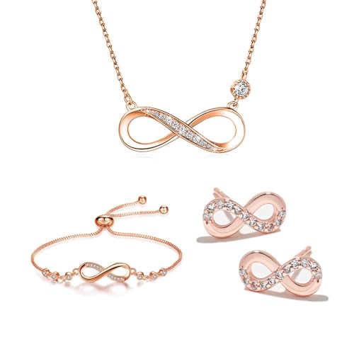 TOFBSInfinity Schmuckset Damen Unendlichkeit Symbol Kristall Halskette Armband Ohrstecker Ewigkeit Schmuck Silber Glänzend Elegant von TOFBS