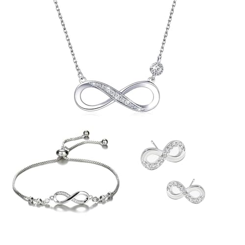 TOFBS Schmuckset Damen Infinity Symbol Halskette Zirkonia Armband Ohrringe Schmuck Sets Brautschmuck Set Modeschmuck Set für Frauen Mädchen (Silber) von TOFBS