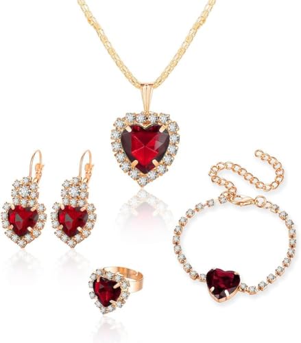 TOFBS Schmuckset Damen Vintage Herz Schmuckset mit Strass Kristalle Anhänger Halskette Ohrringe Armband und Einstellbar Ringe Set Modeschmuck(Rot) von TOFBS