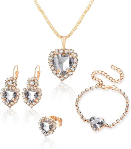 TOFBS Schmuckset Damen Vintage Herz Schmuckset mit Strass Kristalle Anhänger Halskette Ohrringe Armband und Einstellbar Ringe Set Modeschmuck(Weiß) von TOFBS
