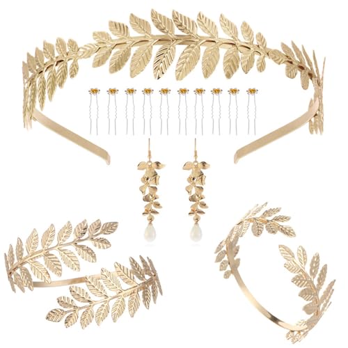 TOFBS Schmuckset für Damen Griechische Göttin Lorbeerblätter Krone Tiara Haarkamm Manschette Oberarm Armbänder Anhänger Ohrringe Braut Geschenke Schmuck von TOFBS