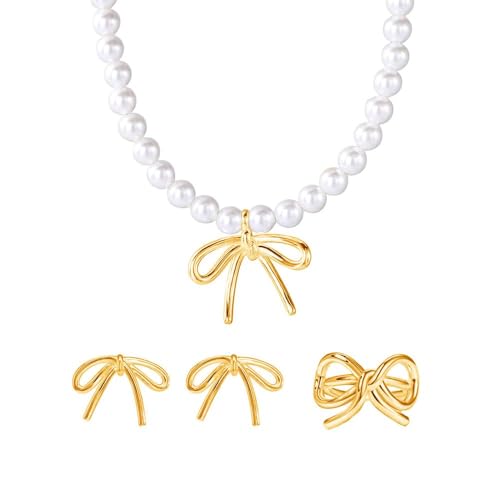 TOFBS Schleife Schmuckset Perlenkette Ohrringe Ring Damen Schmuck Elegante Accessoires Hochzeit Jubiläum Weihnachten von TOFBS