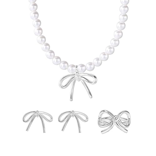 TOFBS Schleife Schmuckset Perlenkette Ohrringe Ring Damen Schmuck Elegante Accessoires Hochzeit Jubiläum Weihnachten von TOFBS