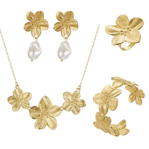 TOFBS Schmuckset für Damen Zarte Blume Metall Blatt Halskette Verstellbares Armband Tropfen Ohrringe und Ring Set Hypoallergene Modeschmuck Geschenke(Gold) von TOFBS