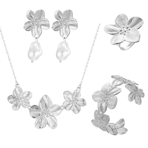 TOFBS Schmuckset für Damen Zarte Blume Metall Blatt Halskette Verstellbares Armband Tropfen Ohrringe und Ring Set Hypoallergene Modeschmuck Geschenke(Silber) von TOFBS