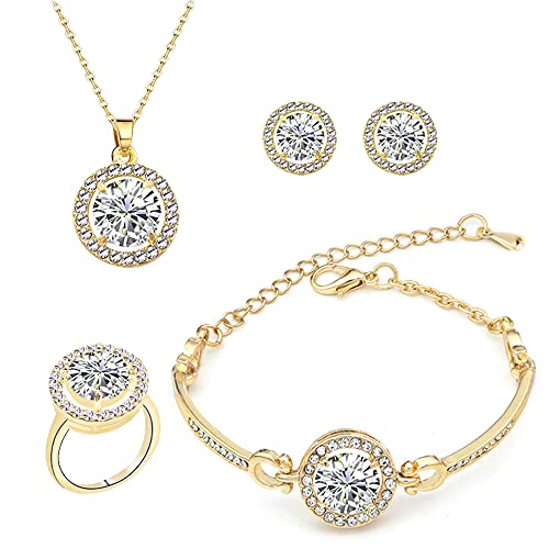 TOFBS Schmuckset für Damen und Mädchen Anhänger Halskette Ohrringe Armband und Ringe Set Zirkonia Schmuck Set (Gold) von TOFBS