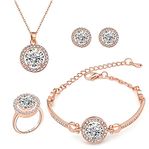 TOFBS Schmuckset für Damen und Mädchen Anhänger Halskette Ohrringe Armband und Ringe Set Zirkonia Schmuck Set (Rosegold) von TOFBS