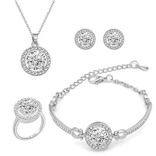 TOFBS Runder Kristall Schmuckset Halskette Armband Ohrringe Ring Damen Glänzend Elegant Hochwertig Zeitlos von TOFBS