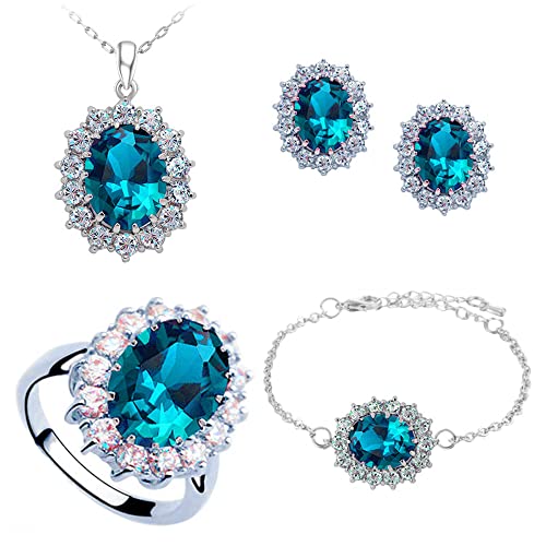 TOFBS Schmuckset für Damen und Mädchen Zirkonia Anhänger Halskette Ohrringe Armband und Ringe Set Prinzessin Diana Schmuck Set (Meeresblau) von TOFBS