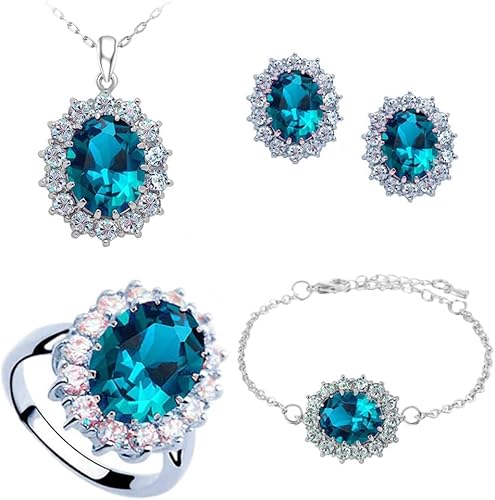 TOFBS Schmuckset für Damen und Mädchen Zirkonia Anhänger Halskette Ohrringe Armband und Ringe Set Prinzessin Diana Schmuck Set (Meeresblau) von TOFBS