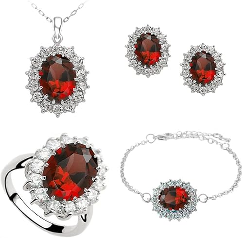 TOFBS Schmuckset für Damen und Mädchen Zirkonia Anhänger Halskette Ohrringe Armband und Ringe Set Prinzessin Diana Schmuck Set (Rot) von TOFBS