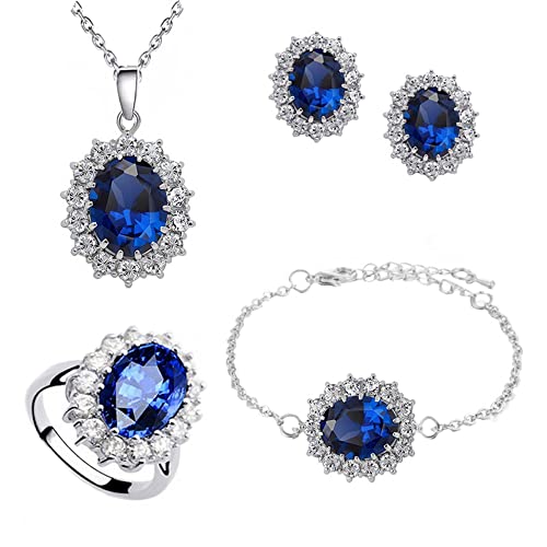 TOFBS Schmuckset für Damen und Mädchen Zirkonia Anhänger Halskette Ohrringe Armband und Ringe Set Prinzessin Diana Schmuck Set (Royalblau) von TOFBS